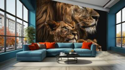 A majestic lion family, including the father and mother with their cubs, sitting together on an AI-generated African savannah at sunset Wall mural